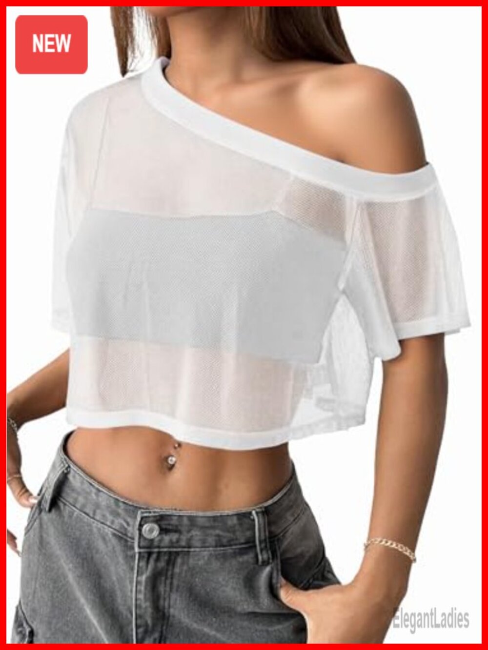 Hilinker Womens Mesh Off Shoulder Crop Top Sheer Short Sleeve Loose Casual